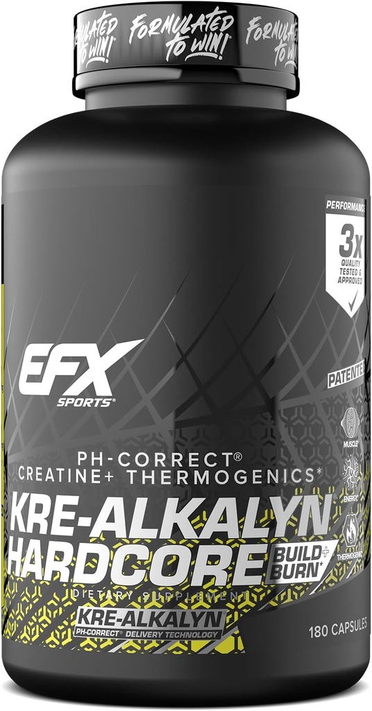 EFX Sports Kre-Alkalyn Hardcore  Thermogenic pH Correct Creatine Monohydrate Pill Supplement TEN Energy &amp; Strength Pre Workout ← 60 Servings, 180 Capsules