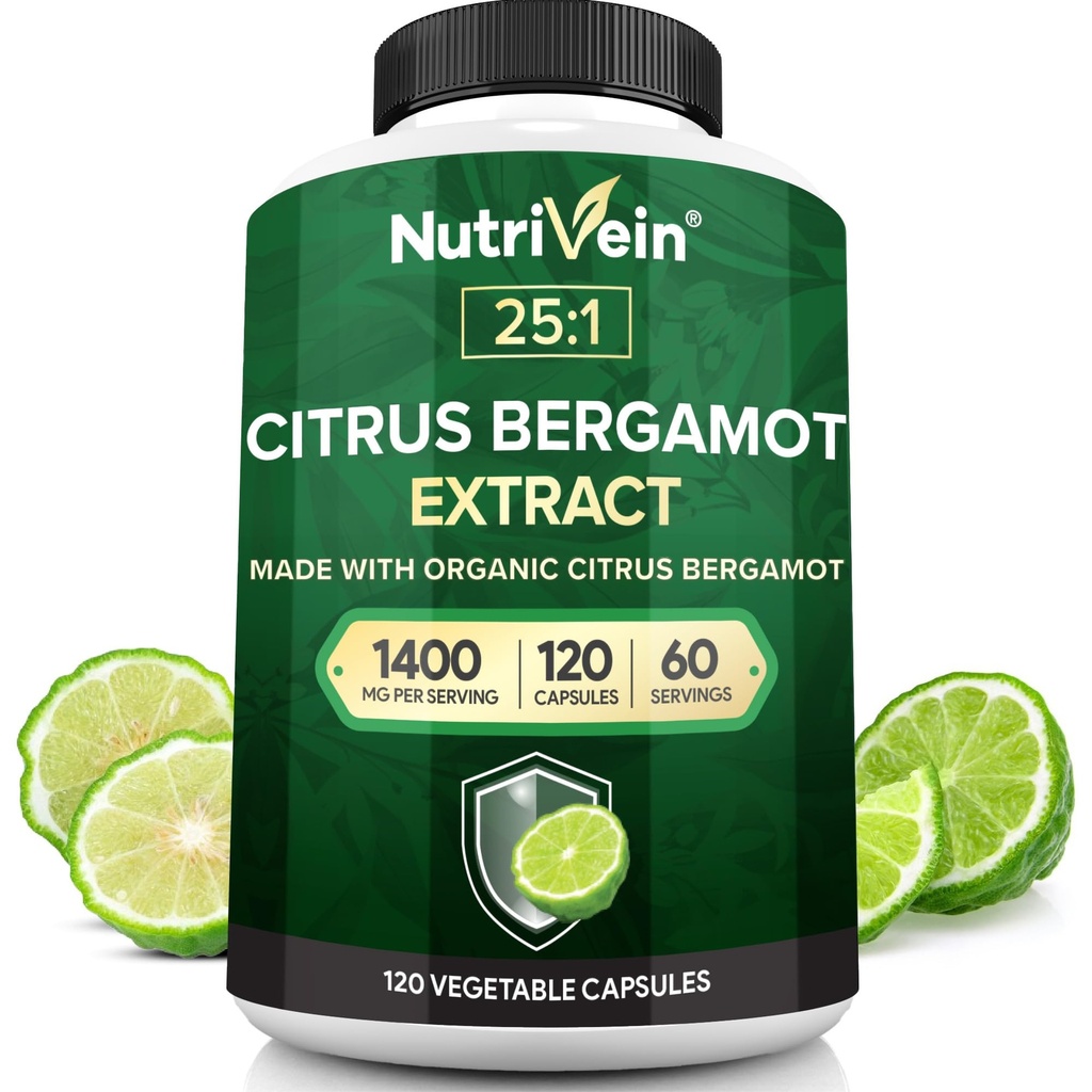 Nutrivein Premium Citrus Bergamot Supplement 1400mg 25:1 Bergamia Extract - 60 Day Supply (120 Capsules): Powerful Italian Citrus Bergamot 1400 mg+ High Concentration - Heart and Circulatory System