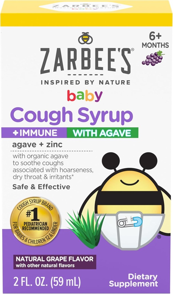 Zarbee's Baby Cough Syrup + Immune with Organic Agave + Zinc; Natural Grape Flavor; para bebés 6+ Meses, 2 Fl Oz(Pack of 1)