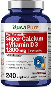 NusaPure Super Calcio 1300mg, Vitamina D3-240 Veggie Caps (No-GMO, Soyfree, Bioperina)