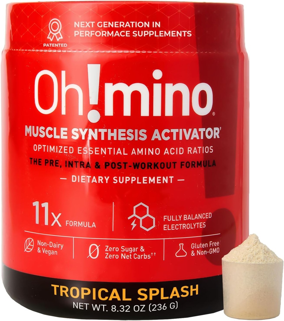 Suplemento de aminoácidos esenciales Oh!mino. Esparcimiento tropical, Polvo cafeinado. Los 9 EAAs, BCAAs y el Amino perfecto para los entrenamientos, Amino Energy, y para construir músculo, y recuperar más rápido.