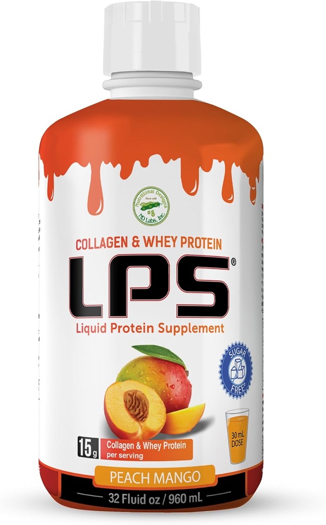 LPS Liquid Collagen &amp; Whey Protein Supplement - Sugar-Free, Dye-Free, Non-GMO Drink - Hydrolyzed Collagen & Whey Peptides Promueve la piel sana " Peach Mango, 32 fl oz