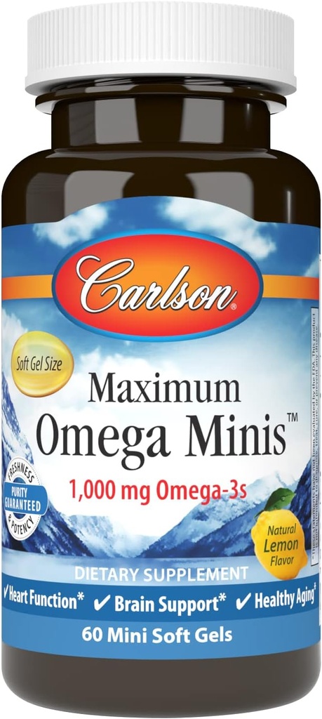 Carlson - Máximo Omega Minis, 1000 mg Omega-3s, Función cardíaca, Apoyo cerebral " Envejecimiento saludable, Lemon, 60 Mini Softgels