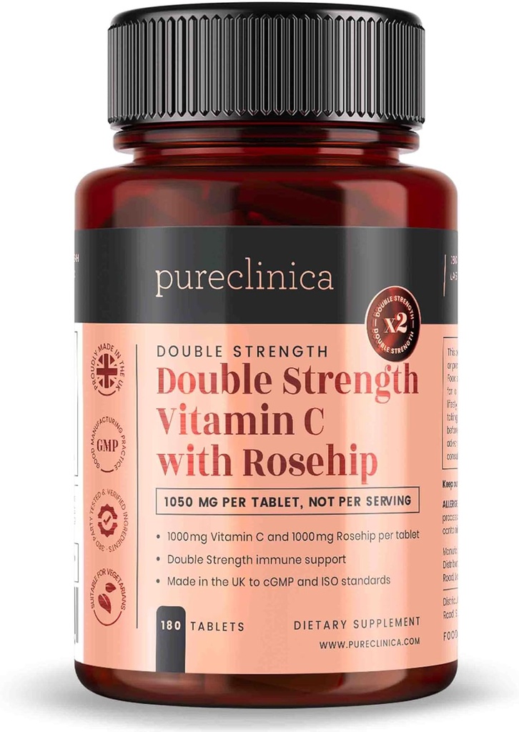 purclinica Vitamina C con Rosehip – 2000mg (1000mg VIT C & 1000mg Rosehip Extracto) x 180 Tabletas - 6 Meses ¡Aprovisionamiento!