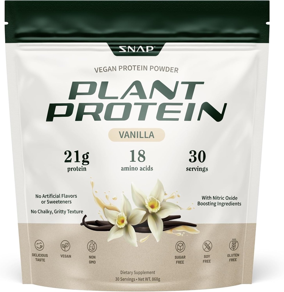 Snap Supplements Organic Plant Based Vegan Protein Powder Nitric Oxide Boosting Protein Powder, Vanilla Bean, BCAA Amino Acid for Muscle Growth, Performance " Recovery - 30 Servings (Vanilla)