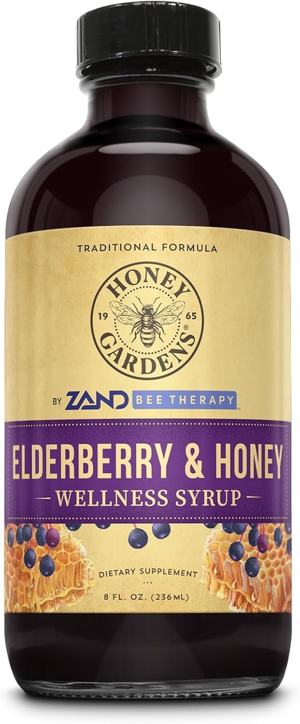 Honey Gardens Elderberry &amp; Honey Immune Syrup - Black Elderberry Syrup for Adults &amp; Kids, Natural Throat Defense Wellness Suplemento con Propolis &amp; Organic Apple Cider Vinegar - 8 Fl Oz