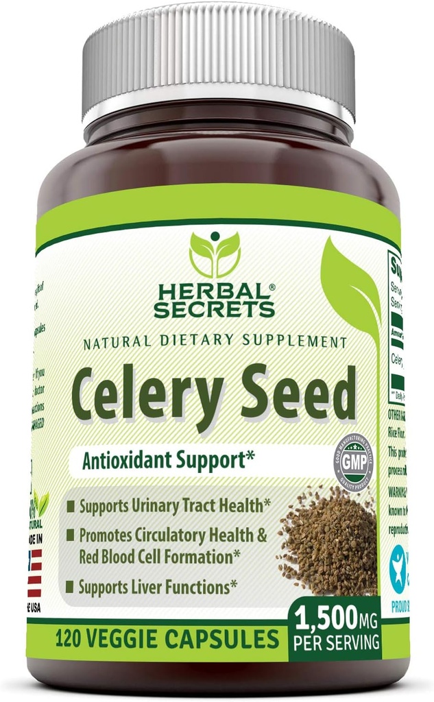 Herbal Secrets Celery Seed Extract Supplement TEN 1500 Mg TEN 120 Veggie Capsules ← No-GMO TENIDO Gluten-Free TEN Made in USA