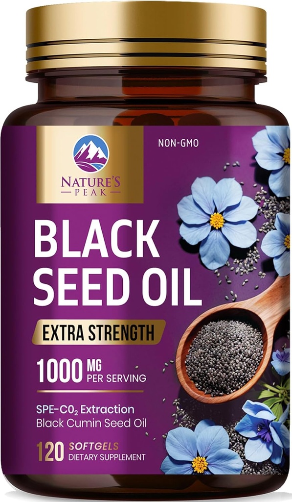 Black Seed Oil 1000mg - Premium Extra Strength Nigella Sativa Blackseed Oil - Black Seed Oil Skin, Digestive Health & Immune Support - Non-GMO Antioxidant, Gluten Free Supplement - 120 Softgels