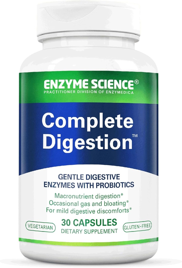 Enzyme Science Full Digestion - Enzimas digestivas para mujeres y para hombres con probióticos - 3-in1 Gut Health Support for Digestion - Salud digestiva – Enzimas digestivas y probióticos - 30 cápsulas