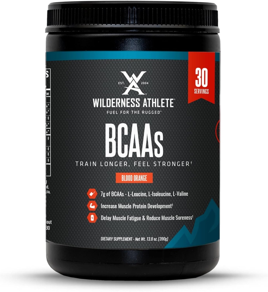 Atleta de Wilderness - BCAAs - Aminoácidos de cadena ramificado Polvo - Aminoácidos esenciales Suplemento para hombres y mujeres - BCAA Suplemento con Complejo de Aminoácidos Optimal (Naranja de color azul)