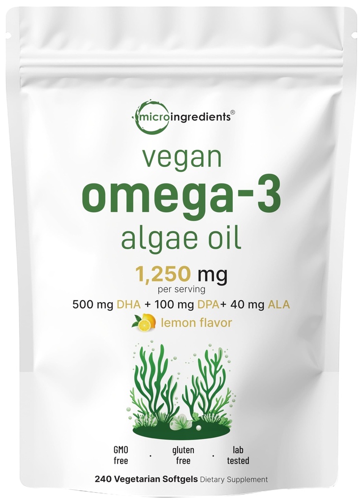 Micro Ingredientes Vegan Omega 3 Algae Oil, 240 Veggie Softgels ← Fish Oil Alternative ← DHA 500mg &amp; DPA 100mg  Carrageenan Free ← Plant-Based Omega 3 with Flaxseed &amp; ALA ← Lemon Flavored
