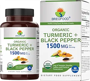 Turmérica Orgánica Brieofood con Pepper Negro 1500mg, 45 Servimientos, Vegetariano, Gluten Gratis, 90 Tabletas Vegetarianas