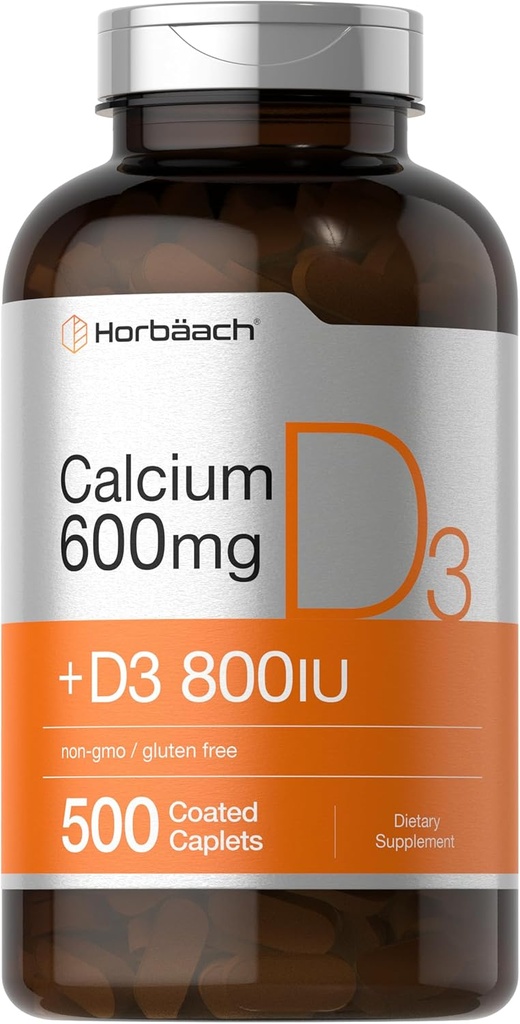 Suplemento de calcio de Horbäach con vitamina D3 TEN 600 mg ANTE 500 cápsulas cubiertas Silencio para mujeres y hombres TENIDO NO GMO &amp; Gluten Gratis