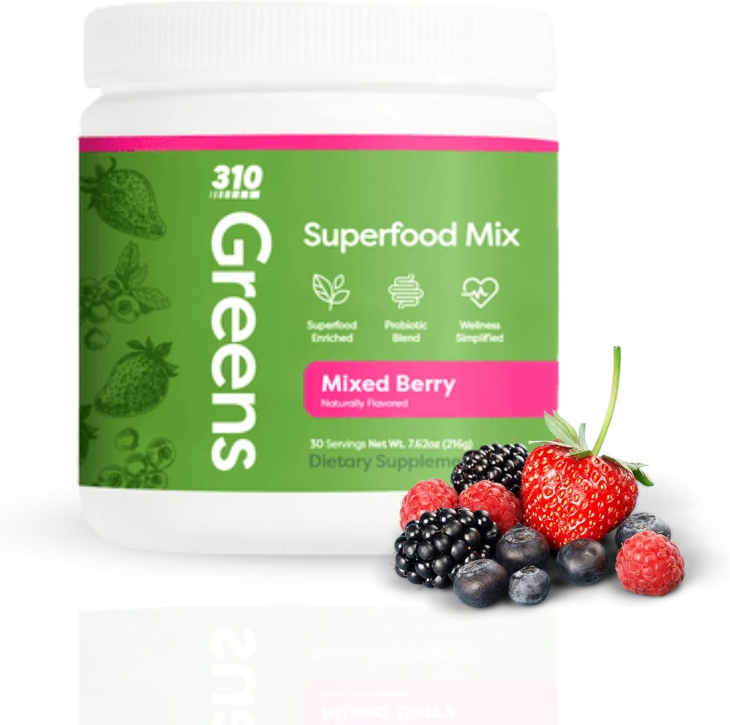 310 Nutrición Ecológico Superalimentos Verdes Polvo – Super Verde Powder Suplemento con Diariamente Verdes Spirulina, Vegetal Enzymes & Antioxidantes – Immunity Boost – Berry mixto, 30 Servimientos