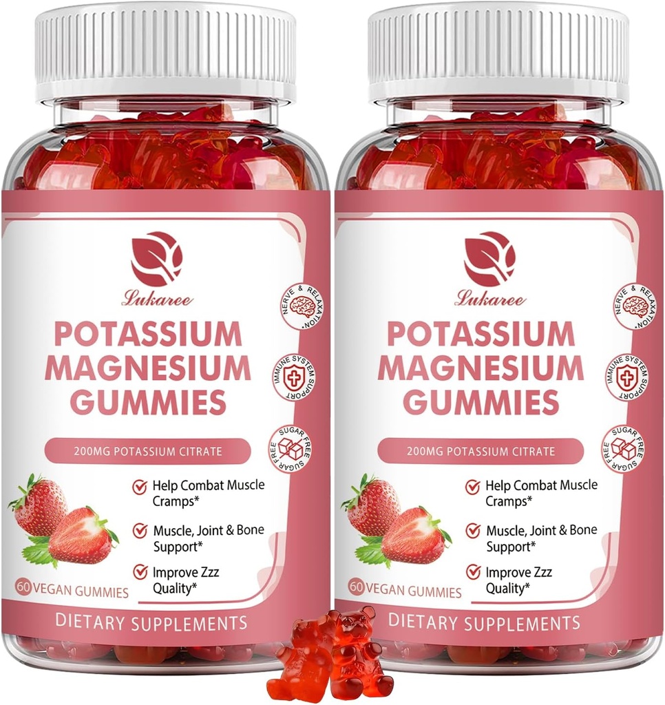 Magnesium Potassium Suplemento Gummies - Nueva Fórmula Calma Magnesium Glycinate Gummies & Potassium Citrate 200 mg Plus Omega 3, B6, D3, K2 &amp; Calcium for Zzz, Leg Cramps & Muscle - 120 Conde