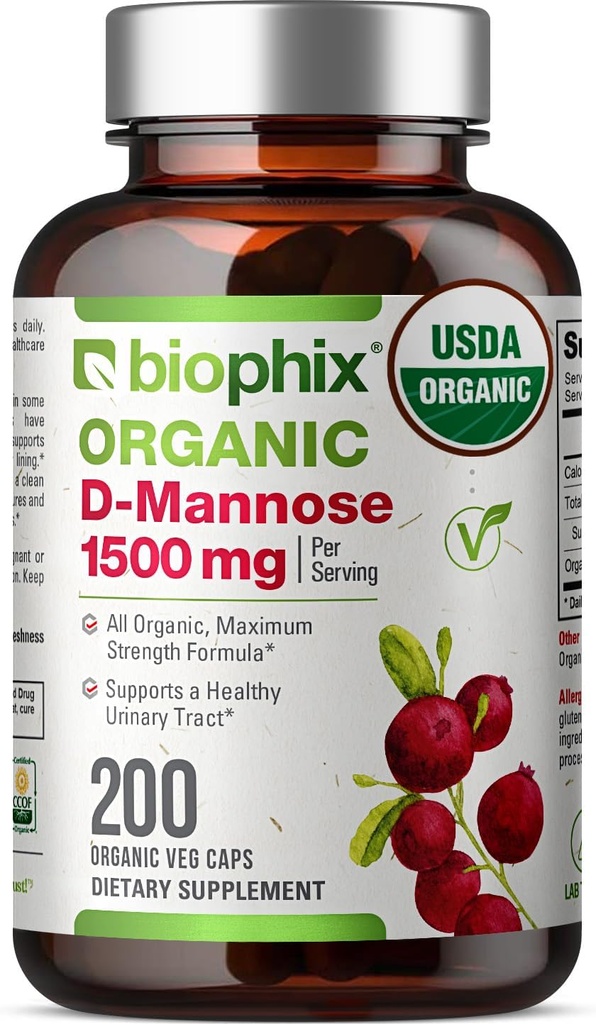 biophix D-Mannose USDA Organic 1500 mg 200 Veggie Caps - Soporta un rastro urinario de vejiga saludable, no GMO, Vegan-Friendly