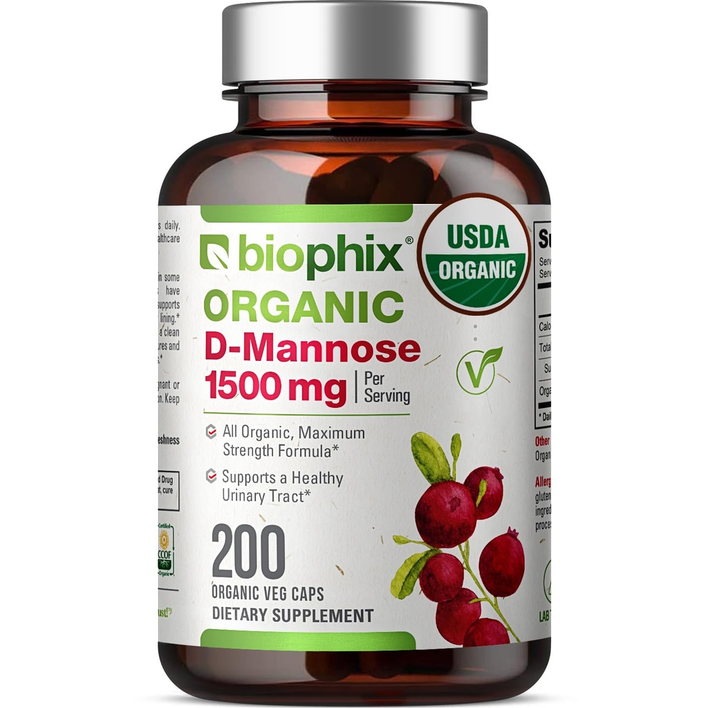 biophix D-Mannose USDA Organic 1500 mg 200 Veggie Caps - Soporta un rastro urinario de vejiga saludable, no GMO, Vegan-Friendly