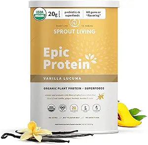 Sprout Living Epic Protein, Plant Based Protein & Superfoods Powder, Vanilla Lucuma Powder  20 Grams Organic Protein Powder, Vegan, Non Dairy, Non-GMO, Gluten Free, Low Sugar (2 libras, 24 servidos)