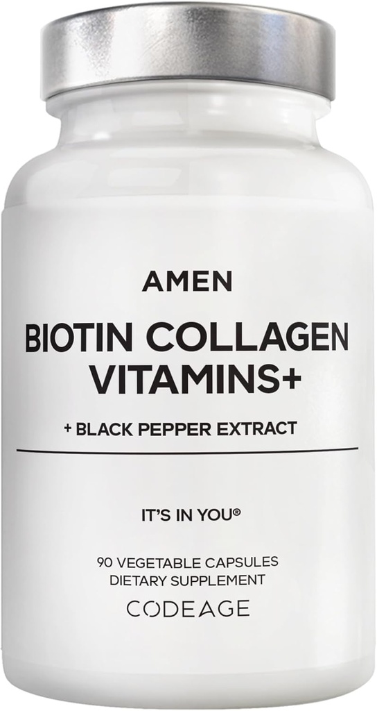 Amen Biotin Collagen Vitaminas+ 10,000 mcg Biotin Supplement - Hydrolyzed Collagen, Vitamins C &amp; E, Folate, Hyaluronic Acid, Keratin, MSM, Saw Palmetto - 3-Month Supply - Non-GMO - 90 cápsulas