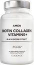 Amen Biotin Collagen Vitaminas+ 10,000 mcg Biotin Supplement - Hydrolyzed Collagen, Vitamins C &amp; E, Folate, Hyaluronic Acid, Keratin, MSM, Saw Palmetto - 3-Month Supply - Non-GMO - 90 cápsulas