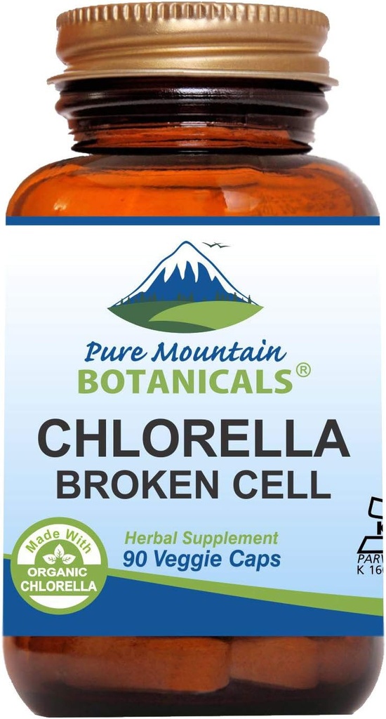 Pure Mountain Botanicals Broken Cell Wall Chlorella Capsules - 90 Kosher Vegan Caps Ahora con 500 mg de Clorella orgánica Polvo