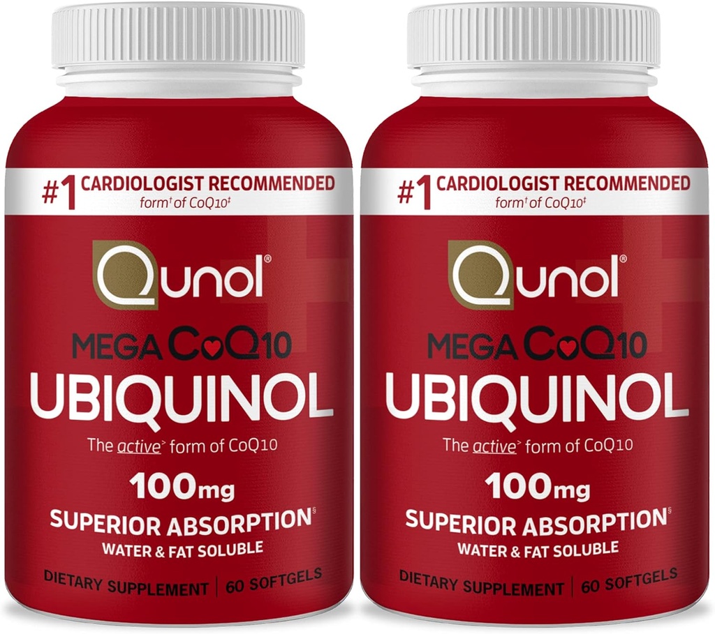 Qunol Mega Ubiquinol Coq10 100mg, Absorción superior, Agua patentada y grasa Soluble suplemento natural Forma de Coenzima Q10, Antioxidante para la salud del corazón, 60 Softgels, Pack de 2