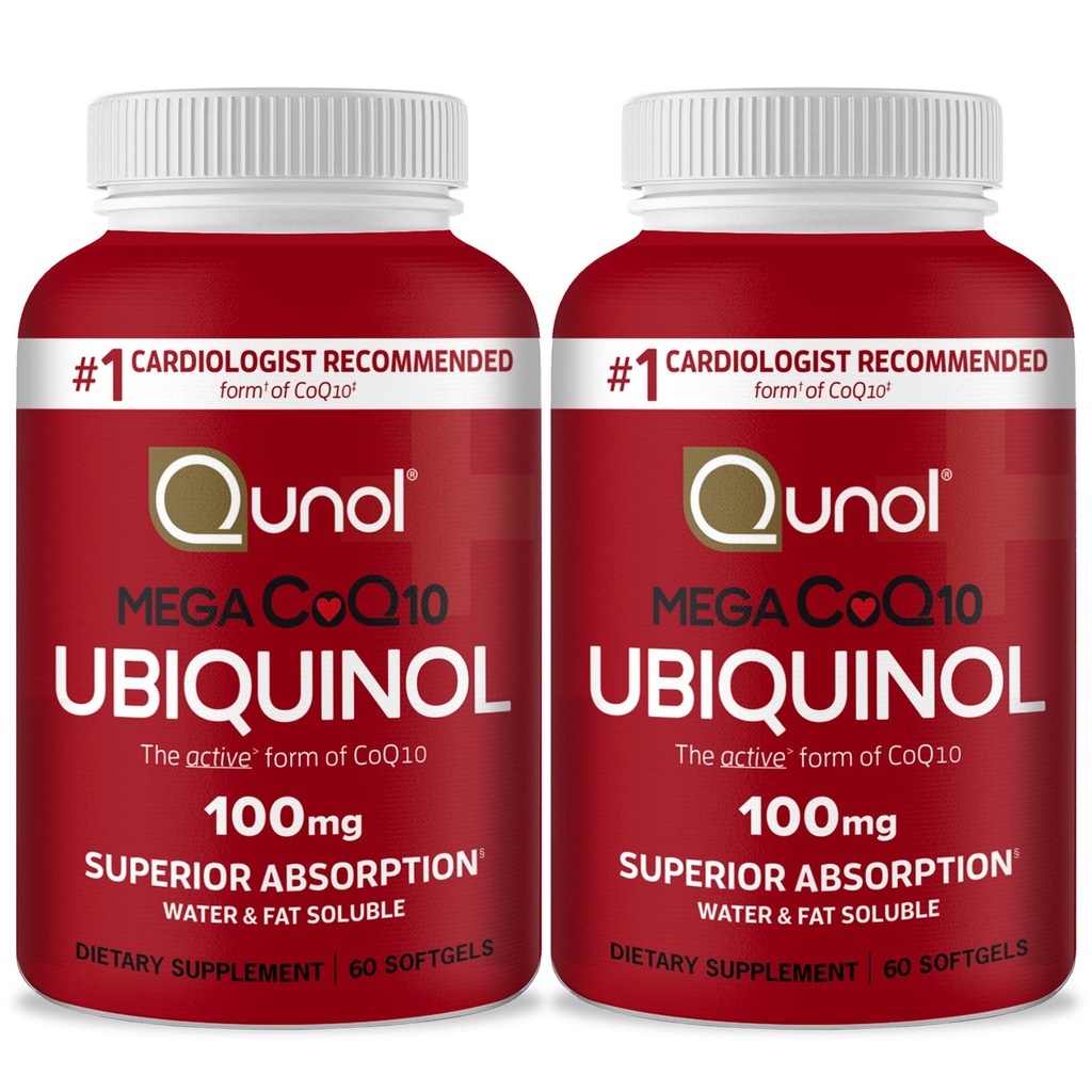 Qunol Mega Ubiquinol Coq10 100mg, Absorción superior, Agua patentada y grasa Soluble suplemento natural Forma de Coenzima Q10, Antioxidante para la salud del corazón, 60 Softgels, Pack de 2