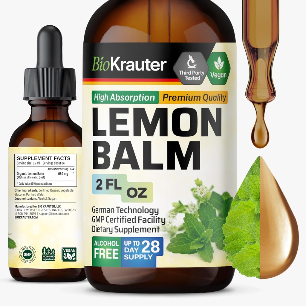 BIO KRAUTER Lemon Balm Leaf Extract - Vegan Melissa Lemon Balm Tintura para la calma Soporte - Azúcar &amp; Alcohol-Free - 2 Fl. Oz.