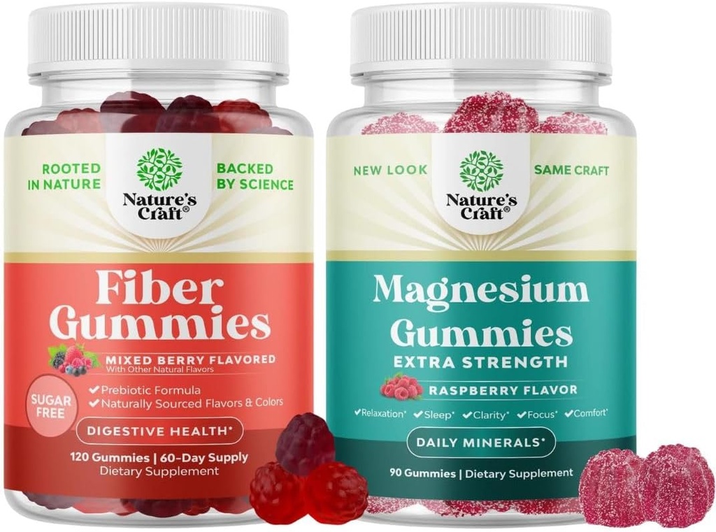 Bundle of Fiber Gummies - Chicory Root Supplement with Prebiotic Support for Gut & Digestive Health and Magnesium Gummies - Relajando el Citrato de Magnesio - Raspberry Flavored for Body & Mind Relaxation