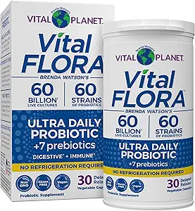 Vital Planet - Vital Flora Ultra Daily Probiotic 60 Billion CFU, 60 Diverse Strains, 7 Prebióticos Orgánicos, Apoyo Inmunitario, Estante de Salud Digestivo Probióticos Estables para Mujeres y Hombres 30 cápsulas