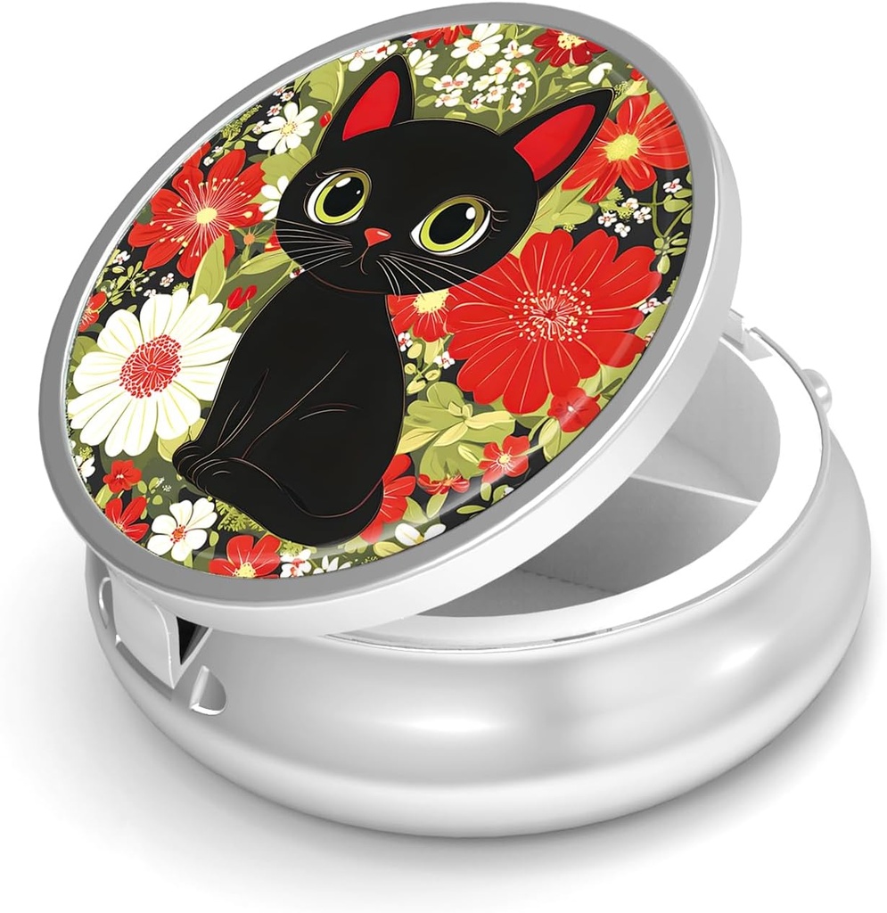 Pill Box-3 Compartment Funda de pequeña pill para purse &amp; Pocket Mini Metal Pill Holder Travel Pill Container to Hold Supplements Vitamins BPA-Free (Cute Cat)