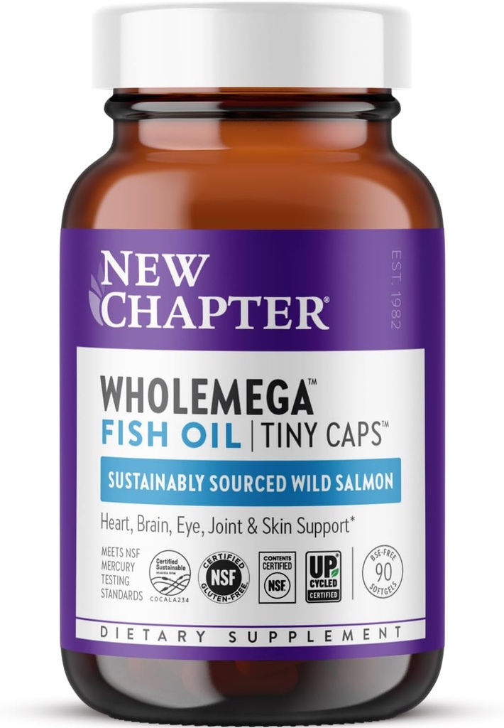 New Chapter Wholemega Fish Oil Supplement, Tiny Capsules, 2000mg per Serving, Clinically Proven Wild Alaskan Salmon Oil with Omega-3 + Vitamin D3 + Astaxanthin, 500mg Each - 90 Count