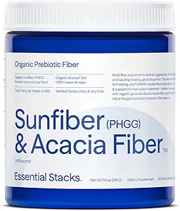 Estacas esenciales fibra prebiótica de Sunfiber orgánico (en parte hidrolizado Guar Gum/PHGG) con Acacia Fiber Powder - Gluten Free, Non-GMO & Unflavored Soluble Fiber (7.4 oz)