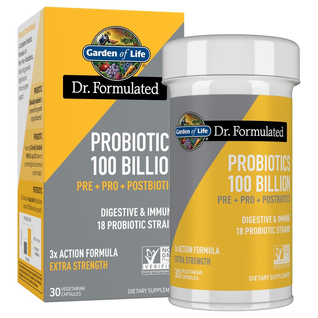 Garden of Life Dr Formulated Once Daily 3-in-1 Completos Probióticos, Prebióticos y Postbióticos Suplemento para la Salud Digestiva e Inmunitaria de Mujeres y Hombres – Extra Strength, 100 Billion CFU, 30 Day Supply
