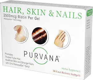 Wellgenix Purvana Hair, Skin, and Nails Vitamin Softgels for High Absorption - Double Strength 2500mcg Biotin, VIT A & B, Folic Acid, Grape Seed Extract - Herbal Supplement (30 Count)