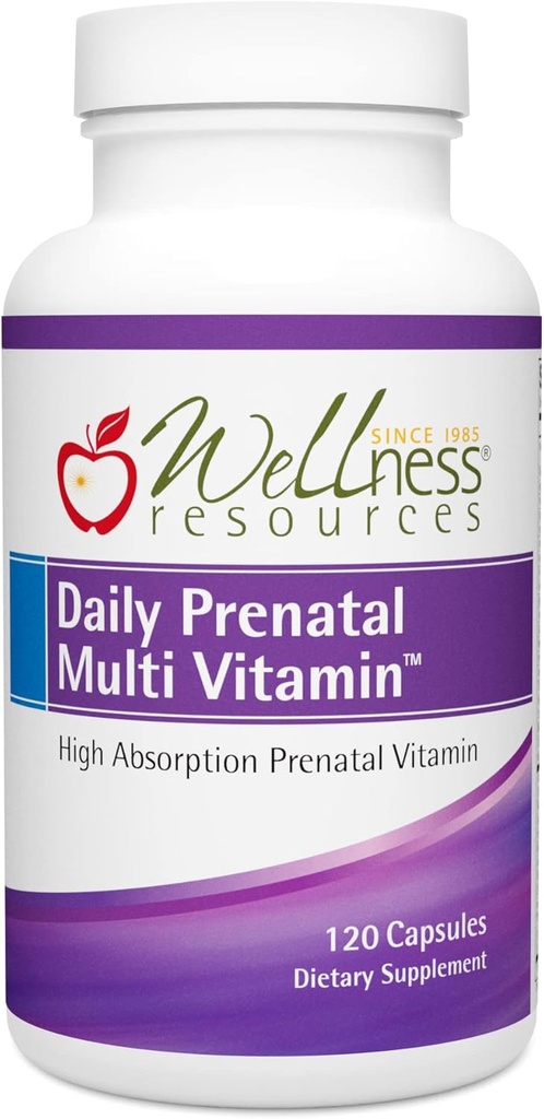 Wellness Resources Daily Prenatal Multi Vitamina - Methylated Folate Zinc Iron Bisglycinate Choline " Key Nutrients - Natural Prenatal Postpartum Vitaminas para Mujeres - 120 Caps