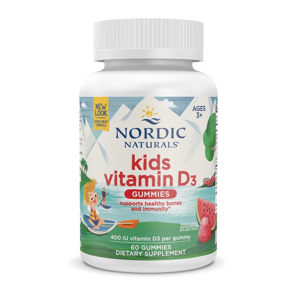 Naturales nórdicos Vitamina D3 Gummies Niños, Salpicadura de sandía silvestre - 60 Gummies - 400 UI Vitamina D3 - Bone Health, Healthy Immunity - Non-GMO, Vegetarian - 60 Servimientos