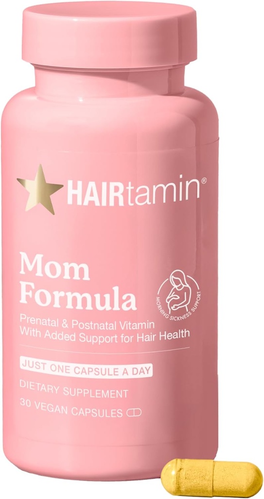 HAIRtamin MOM Vegan Prenatal ' Postnatal Multivitamin Suplemento " Hair Vitamin Pregnancy, Postpartum, Breastfeeding Probiotic One-a-Day Hair Vitamins with Biotin, Zinc, Iron (30 Condes)