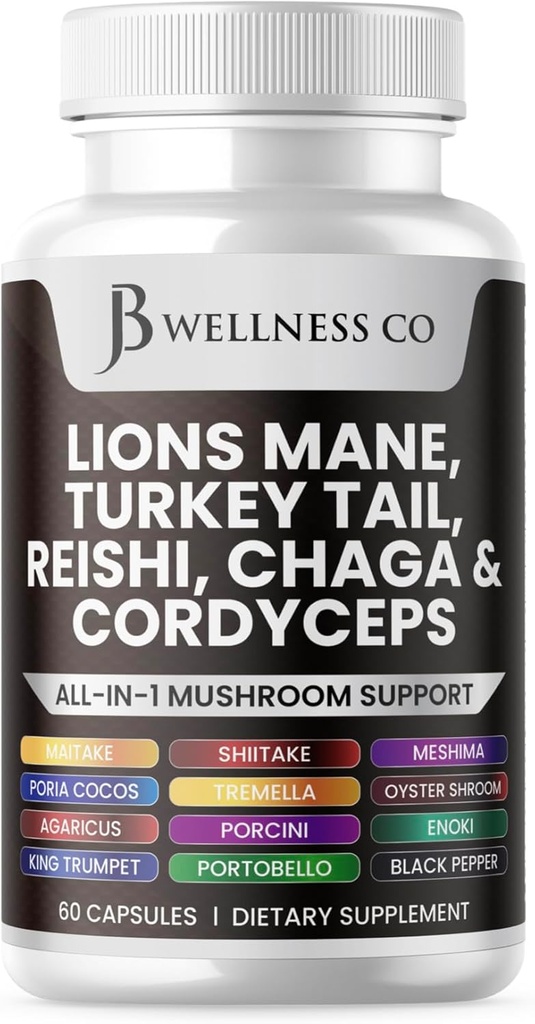 Lions Mane Suplemento Cognitive Support, Immune Health with Turkey Tail 20in1 Mushroom Reishi Cordyceps Chaga with Marshmallow Root 60 Count
