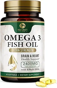 Omega 3 Píldoras de aceite de pescado 2400mg - Triple fuerza Omega 3 suplementos de aceite de pescado - Mejor EPA & DHA Ácidos grasos para el soporte de salud cerebral, Suplemento Omega3 de la naturaleza, 30 fuente de día - 60 Softgels