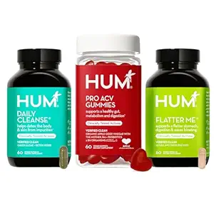 HUM Gut Health Bundle, Daily Cleanse, Flatter Me Digestive Enzymes & Pro Apple Sider Vinegar Gummies with Probiotics for Digestive Health, Probiotics, Vitamin B12, ACV, 3-Step Wellness Support Pack