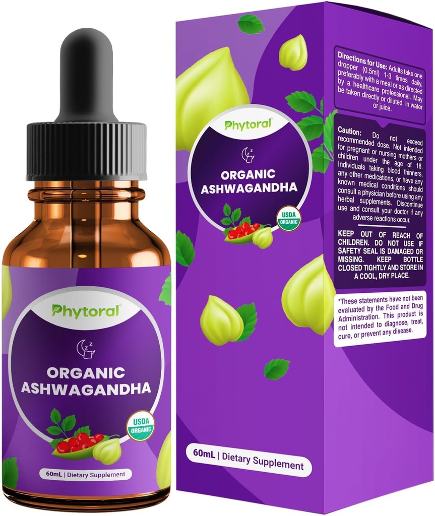 Phytoral Organic Ashwagandha Liquid Drops for Adults - Potent Liquid Ashwagandha Root Extract for Energy and Mood Support - Tincture Vegan Non-GMO Gluten " Alcohol-Free (120 Servings)