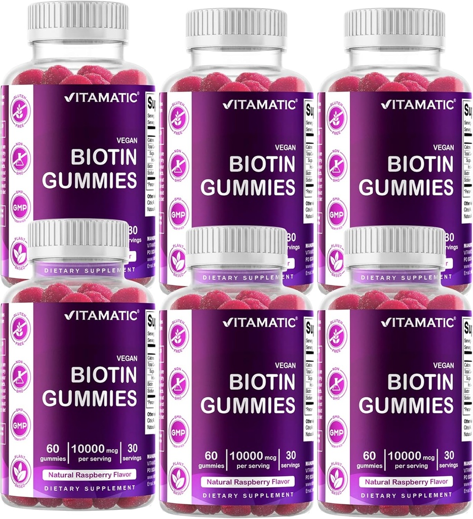 Vitamatic Biotin Gummies 10,000 mcg for Stronger Hair, Skin & Nails - 60 Gummies Vegan - También llamada Vitamina B7 (6 Botellas)