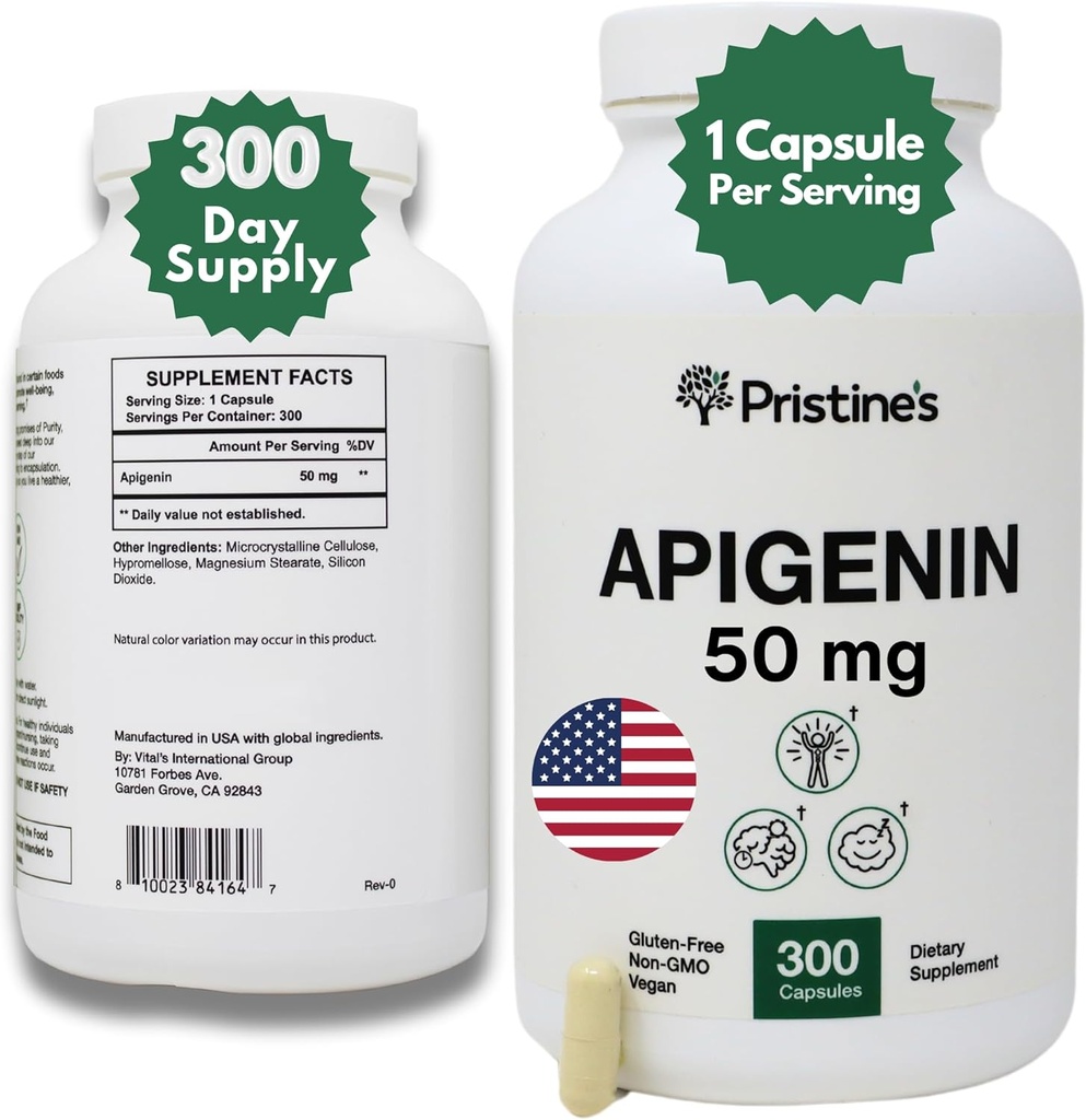 PriSTINE'S Apigenin 50mg 300 Day Supply Supplement for Sleep Capsules - Prostate Support Supplement Found in Chamomile Powder for Relaxation, Healthy Aging, Brain & Heart Health, " Immunity
