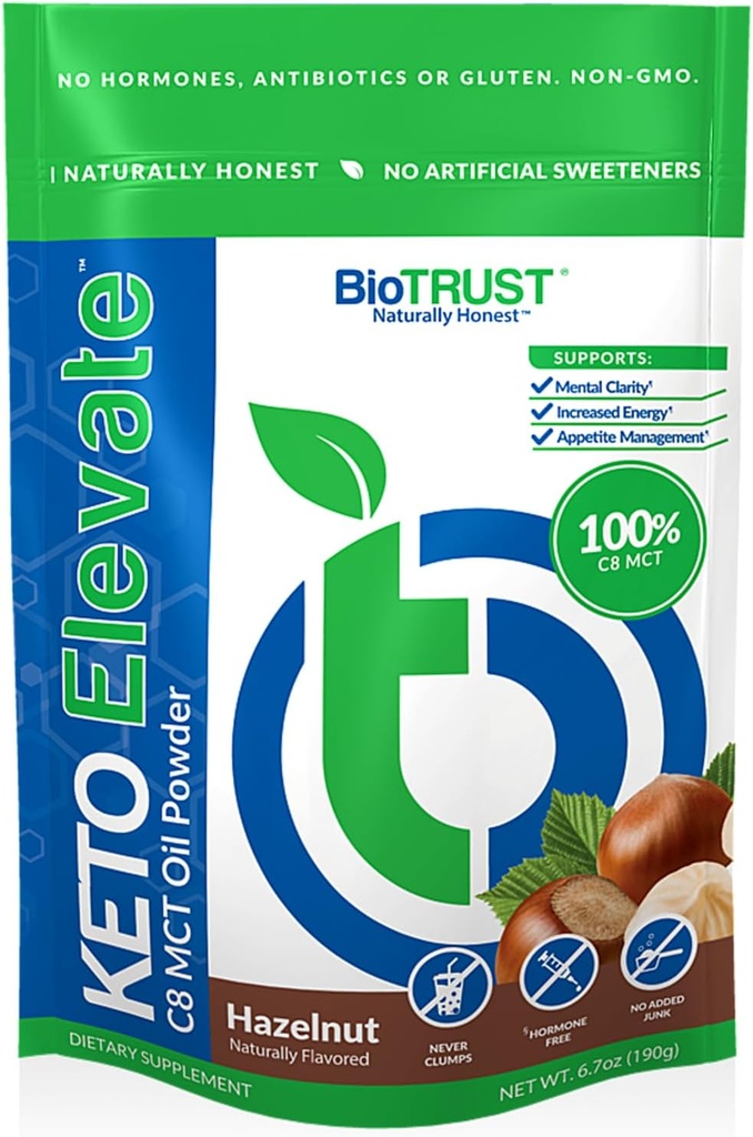 BioTrust Keto Elevate – C8 MCT Pólvora de aceite – Cremador de café de MCT Ketogénico, Crema de café Keto – Energía limpia, Enfoque mental " Claridad – 100% Pólvora de MCT de ácido caprílico, No GMO (Hazelnut, 20 Servimientos)
