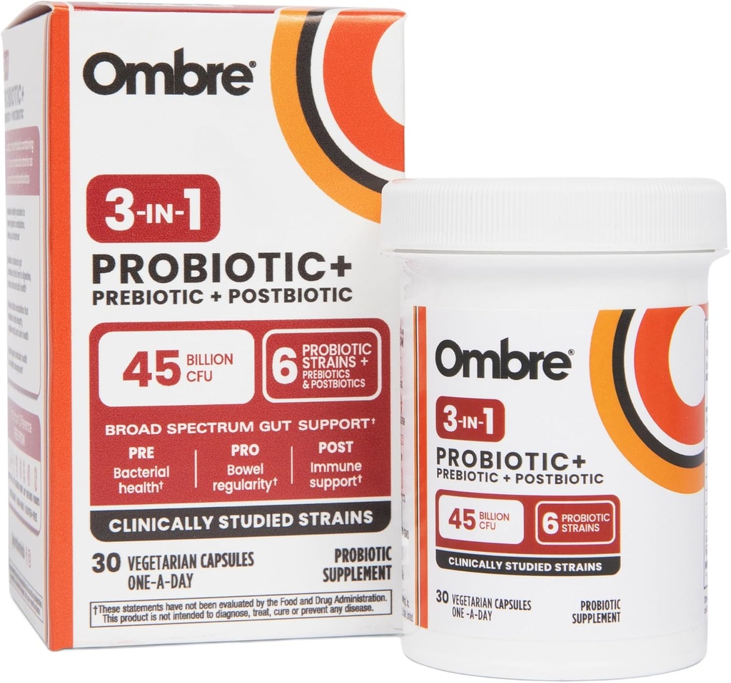 Ombre 3-en-1 Probiótico, Prebiótico y Postbiótico para Salud Digestiva " Gut Health - 45 billón CFU - Bloating, Constipation " Gas Relief - Metabólico " Immune Support for Women " Men, 30 Day Supply