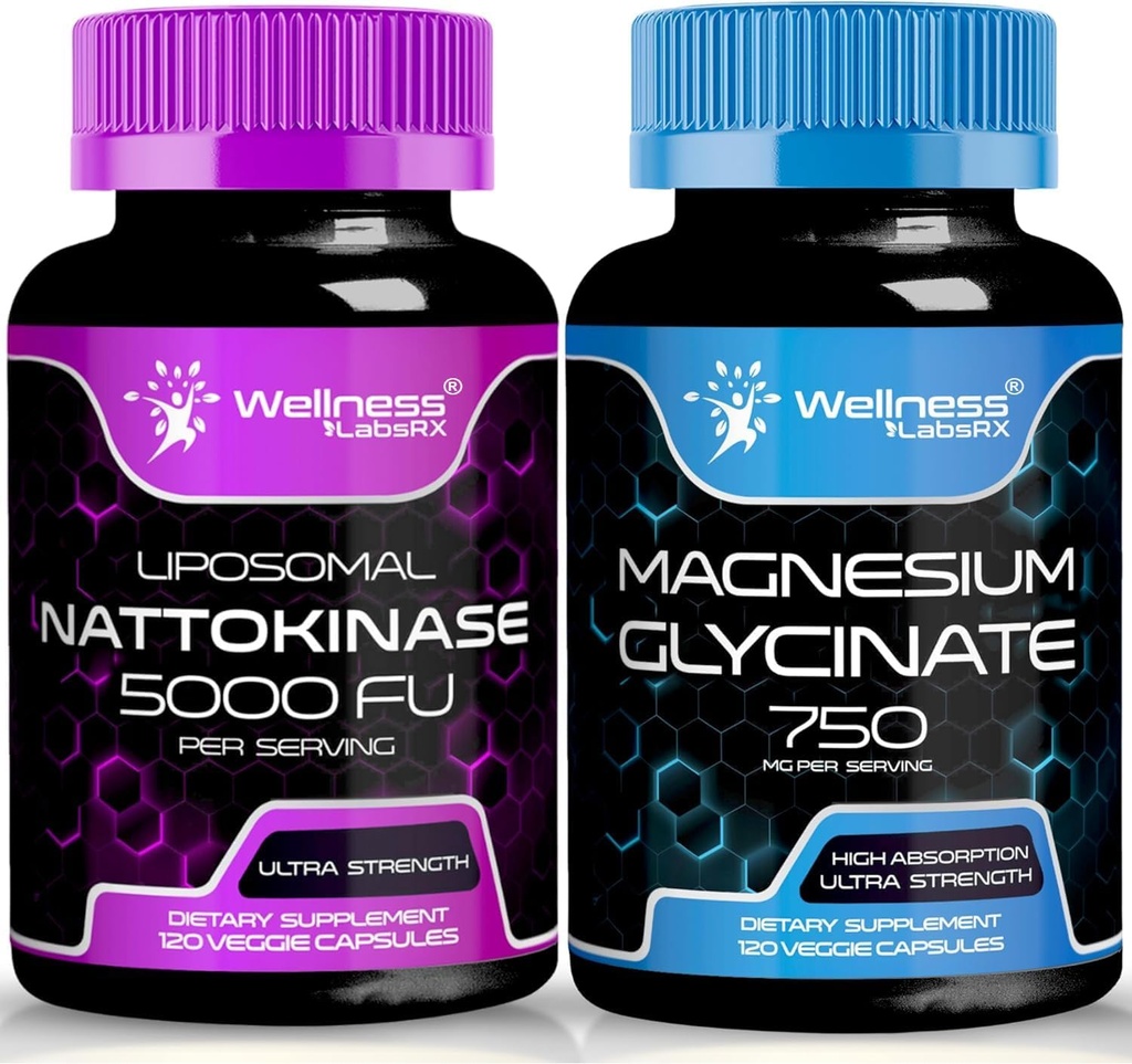 WELLNESS LABSRX Nattokinase Supplement Capsules - 5000 FU - Magnesium Glycinate Capsules 750 MG