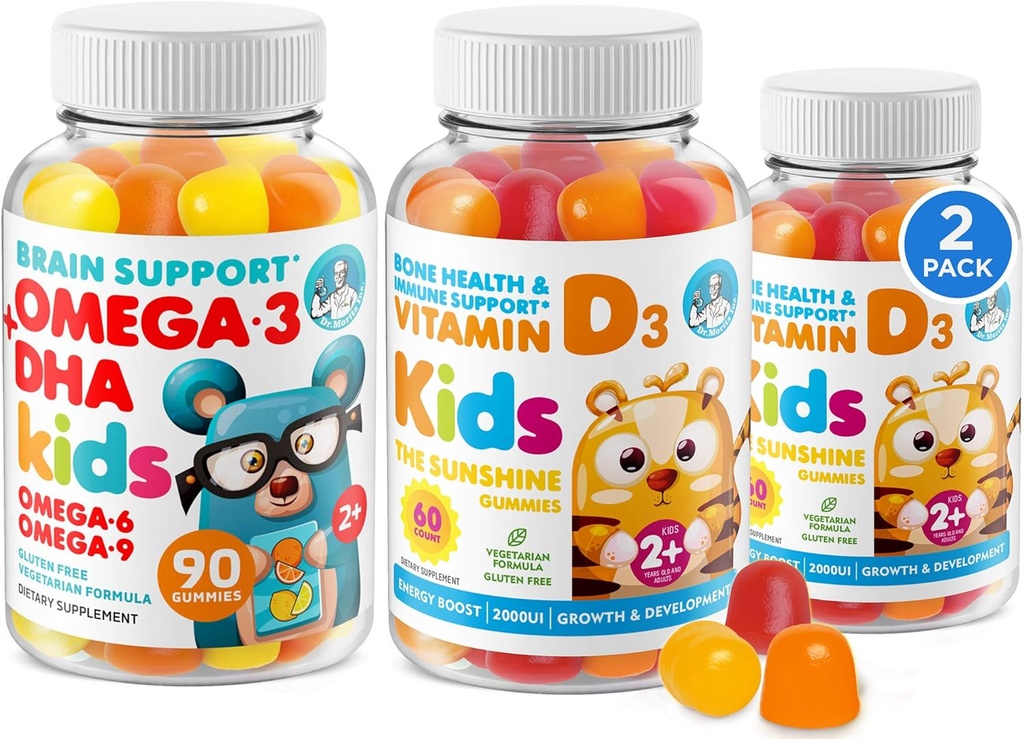 Omega 3 DHA Gummies and Vitamin D Gummies for Kids &amp; Adults - No Fish Oil and Gluten Free Immune Health Plant Based Fiber Chewable