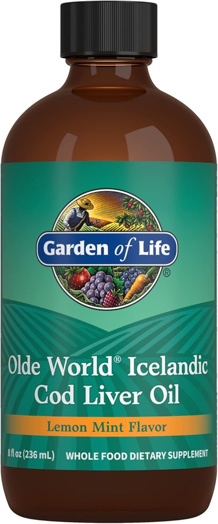 Garden of Life Olde World Icelandic Cod Liver Oil Liquid - Lemon Mint Flavor - 1000mg Omega 3 Fish Oil, Fatty Acids, EPA, DHA, Vitamina D ' A, CLO Supplements for Hearth Health, 47 Servings