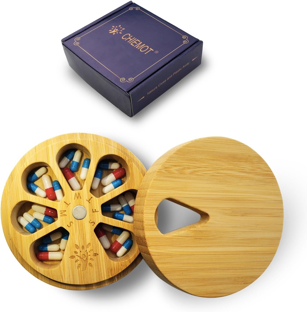 Bamboo Wood Organizador semanal de píldoras para la medicina Suplemento de vitaminas, artritis amigable caja de píldoras de 7 días Holder de contenedores medio, dispensador de caja de carga diaria